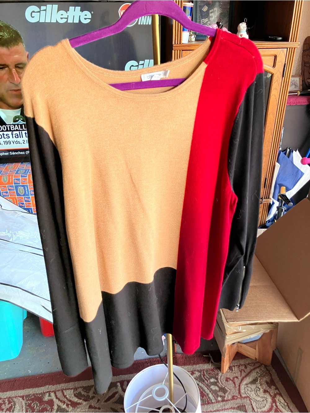 Chico's Colorblock Scoop Neck Tunic — Red, Tan, Black